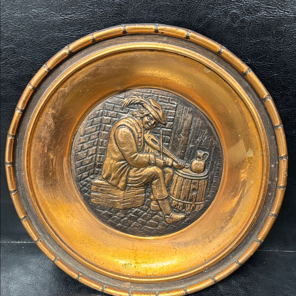 Vintage Copper Decorative Plate with Embossed Design